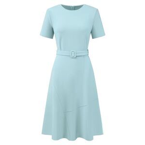 Women's A Line Work Dress Short Sleeve Belted Ruffle Flare Dress Light Blue